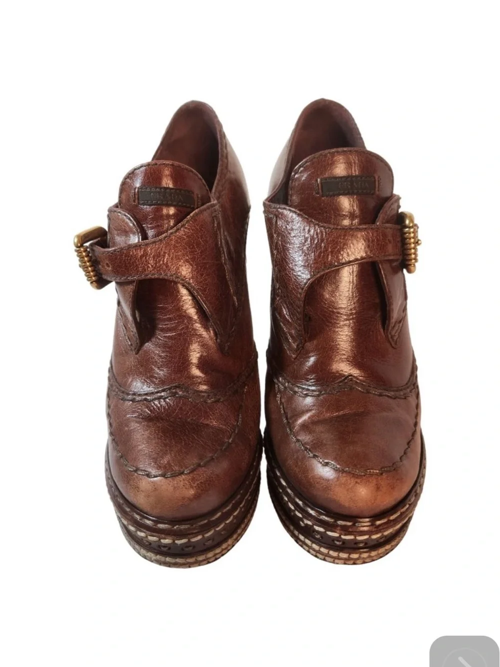 Authentic Prada Brown Leather Platform Pump Booties with Gold Buckle-Vintage